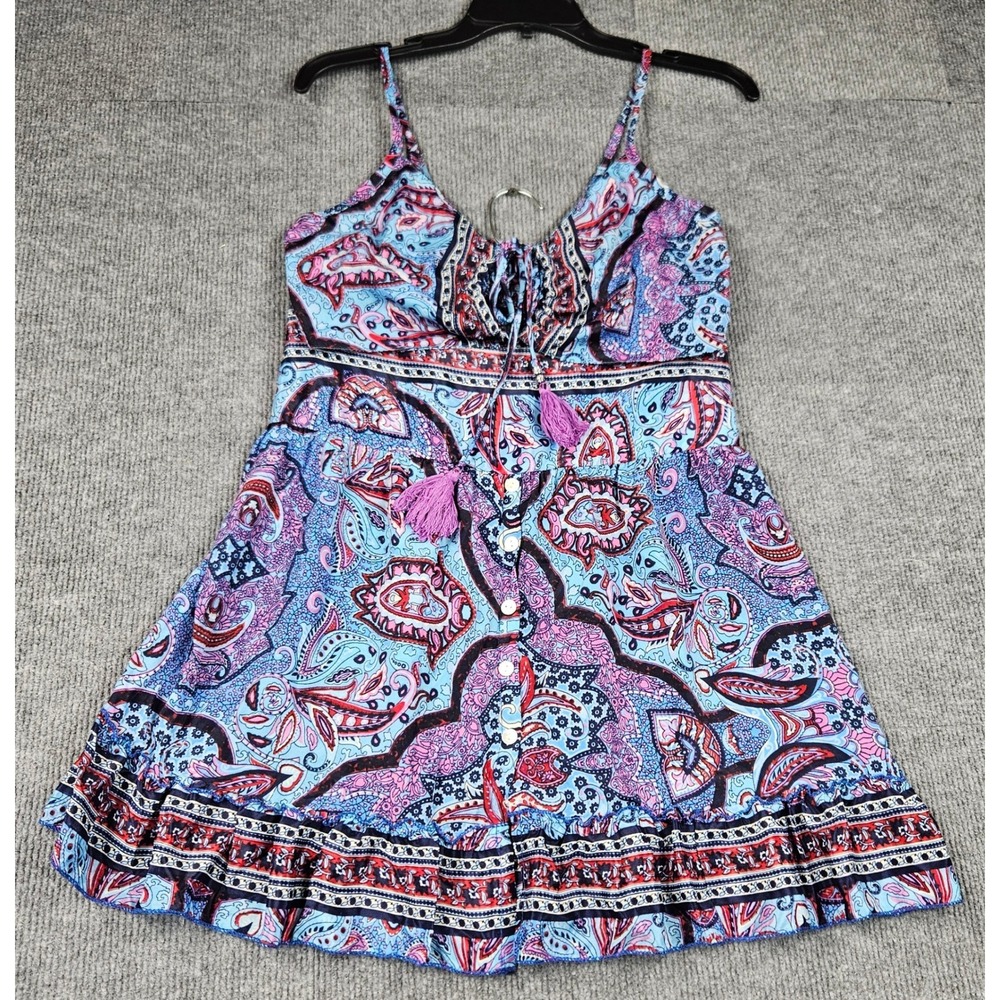 India Boutique Paisley 2 Piece Set Blue Pink Boho Crop Top & Button Mini Skirt